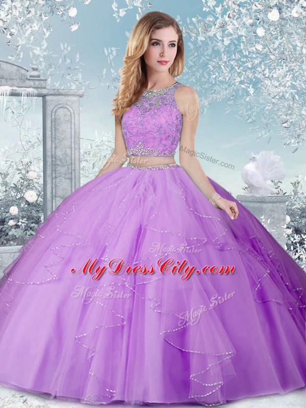 Fitting Beading Quince Ball Gowns Lavender Clasp Handle Sleeveless Floor Length