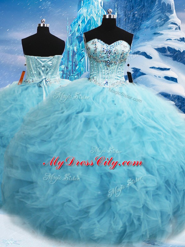 Sophisticated Floor Length Lace Up Sweet 16 Dress Aqua Blue for Military Ball and Sweet 16 and Quinceanera with Beading and Pick Ups