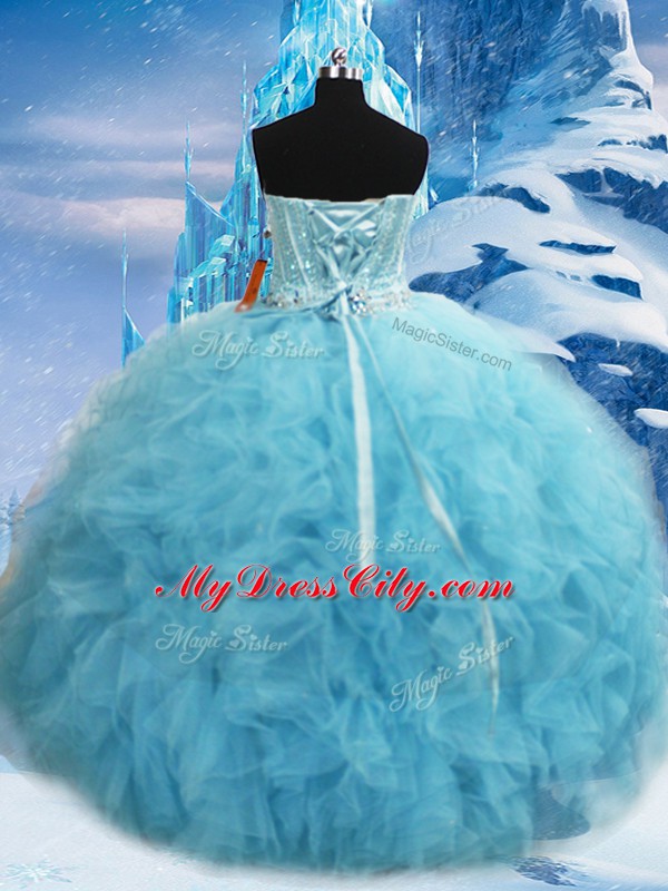 Sophisticated Floor Length Lace Up Sweet 16 Dress Aqua Blue for Military Ball and Sweet 16 and Quinceanera with Beading and Pick Ups