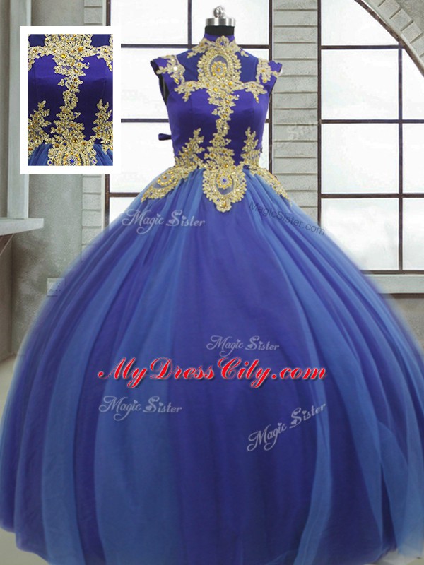 Lovely Floor Length Lace Up Sweet 16 Dress Royal Blue for Military Ball and Sweet 16 and Quinceanera with Appliques