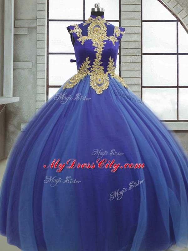 Lovely Floor Length Lace Up Sweet 16 Dress Royal Blue for Military Ball and Sweet 16 and Quinceanera with Appliques