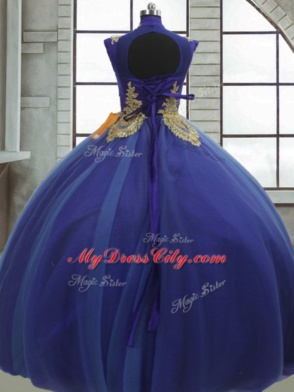 Lovely Floor Length Lace Up Sweet 16 Dress Royal Blue for Military Ball and Sweet 16 and Quinceanera with Appliques