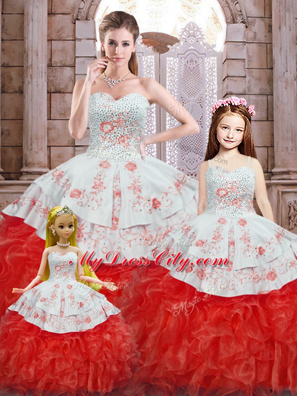 White And Red Sleeveless Organza Lace Up Quinceanera Dresses for Military Ball and Sweet 16 and Quinceanera