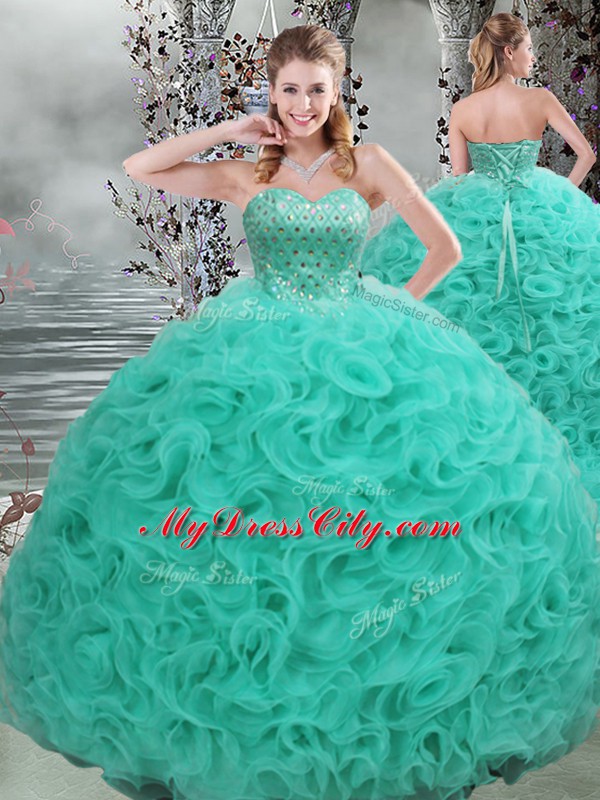 Turquoise Lace Up 15 Quinceanera Dress Beading Sleeveless Brush Train