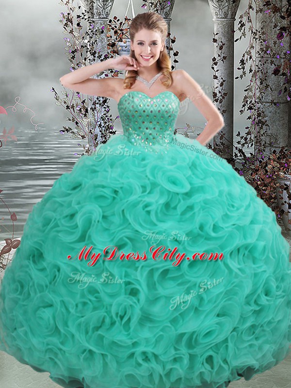 Turquoise Lace Up 15 Quinceanera Dress Beading Sleeveless Brush Train