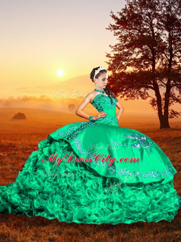 Popular Embroidery and Ruffles 15th Birthday Dress Turquoise Lace Up Sleeveless Brush Train