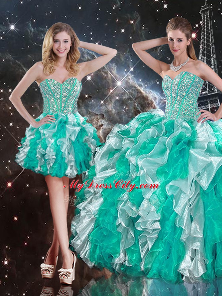 Multi-color Ball Gowns Sweetheart Sleeveless Organza Floor Length Lace Up Beading and Ruffles Quince Ball Gowns