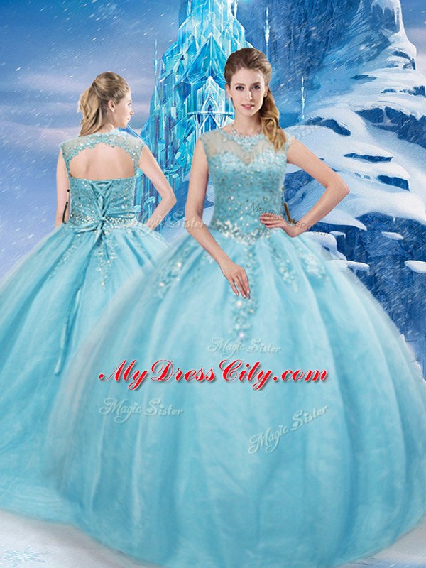 Customized Aqua Blue Ball Gowns Tulle Scoop Sleeveless Beading Lace Up 15 Quinceanera Dress Brush Train