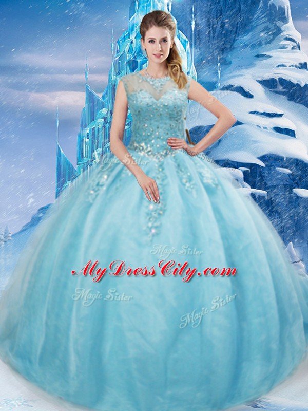 Customized Aqua Blue Ball Gowns Tulle Scoop Sleeveless Beading Lace Up 15 Quinceanera Dress Brush Train