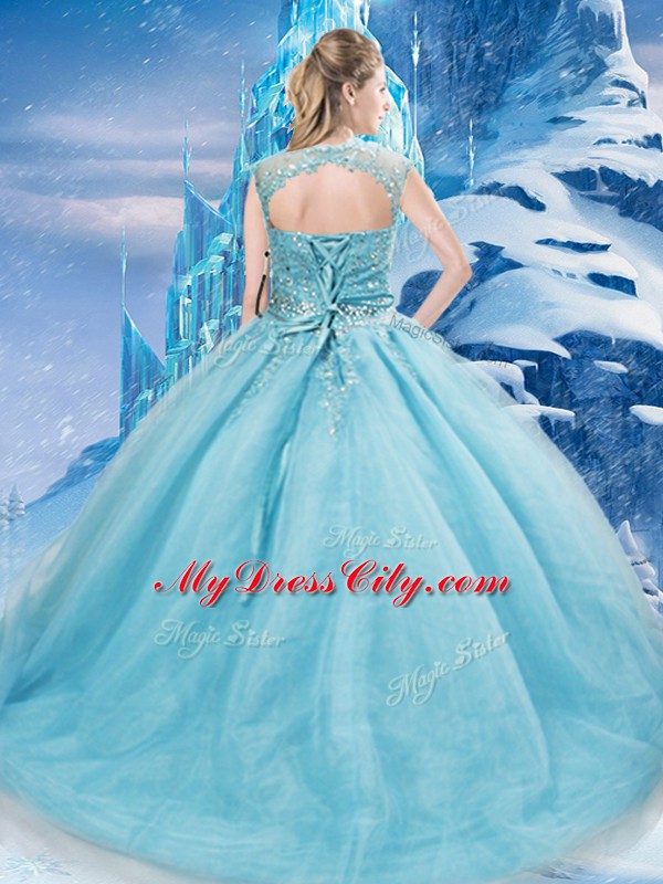 Customized Aqua Blue Ball Gowns Tulle Scoop Sleeveless Beading Lace Up 15 Quinceanera Dress Brush Train