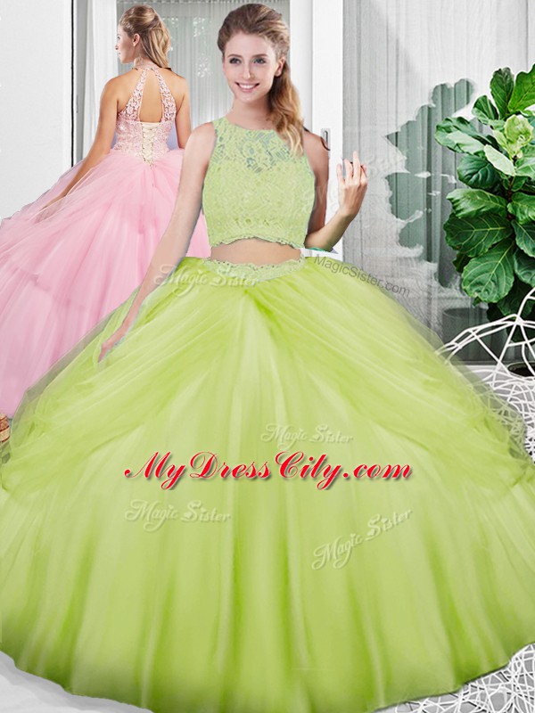 Yellow Green Scoop Lace Up Lace and Ruching Ball Gown Prom Dress Sleeveless