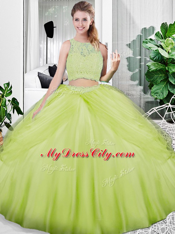 Yellow Green Scoop Lace Up Lace and Ruching Ball Gown Prom Dress Sleeveless