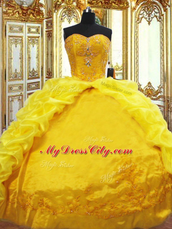 Affordable Lace Up 15 Quinceanera Dress Gold for Military Ball and Sweet 16 and Quinceanera with Beading and Embroidery and Pick Ups Brush Train