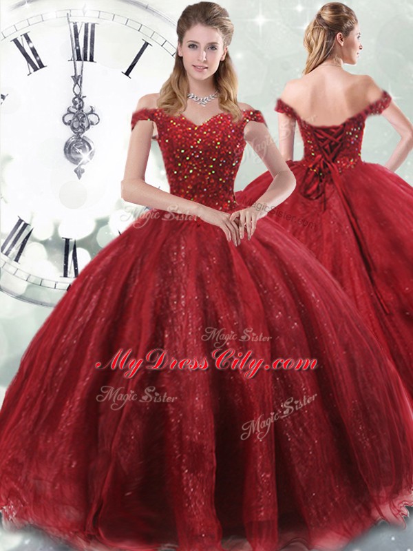 Cute Wine Red Ball Gowns Tulle Off The Shoulder Sleeveless Beading Lace Up Quinceanera Dress Brush Train