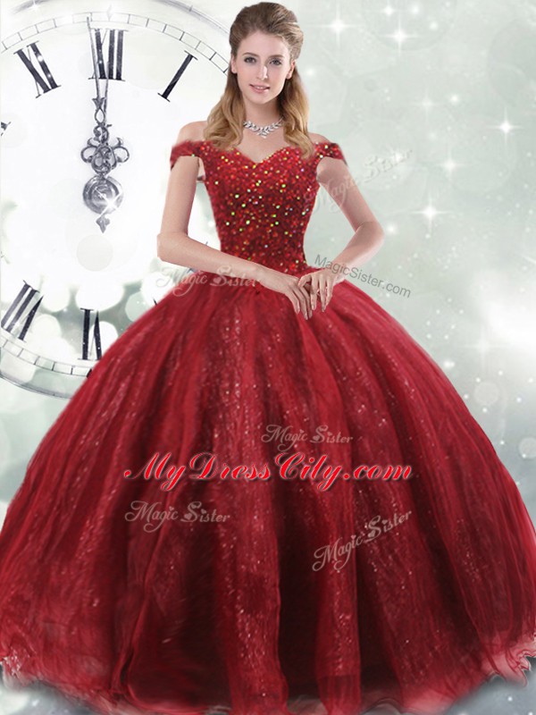 Cute Wine Red Ball Gowns Tulle Off The Shoulder Sleeveless Beading Lace Up Quinceanera Dress Brush Train