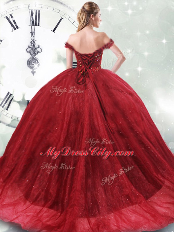 Cute Wine Red Ball Gowns Tulle Off The Shoulder Sleeveless Beading Lace Up Quinceanera Dress Brush Train