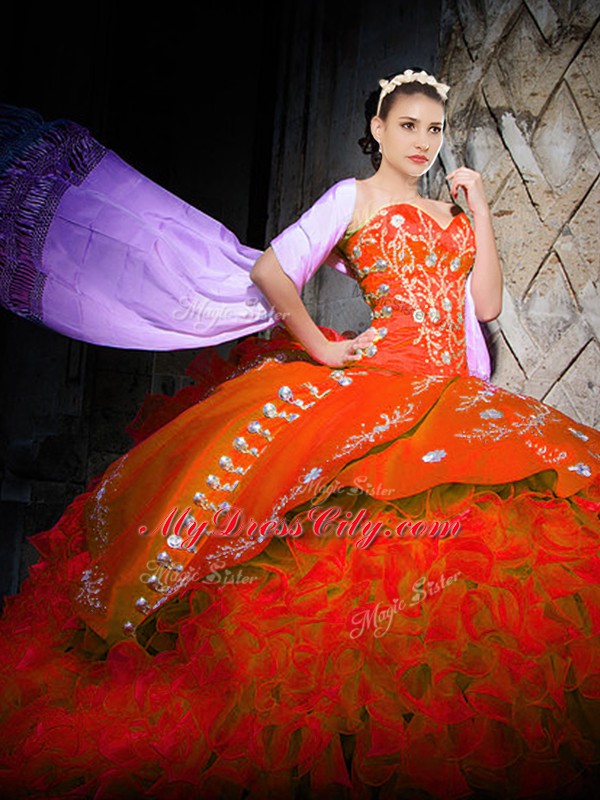 Orange Red Sweet 16 Dresses Organza Brush Train Sleeveless Embroidery and Ruffles