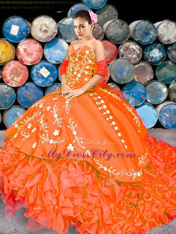 Orange Red Sweet 16 Dresses Organza Brush Train Sleeveless Embroidery and Ruffles