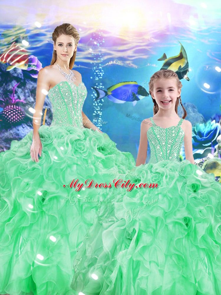 Romantic Apple Green Lace Up Sweetheart Beading and Ruffles Sweet 16 Dress Organza Sleeveless