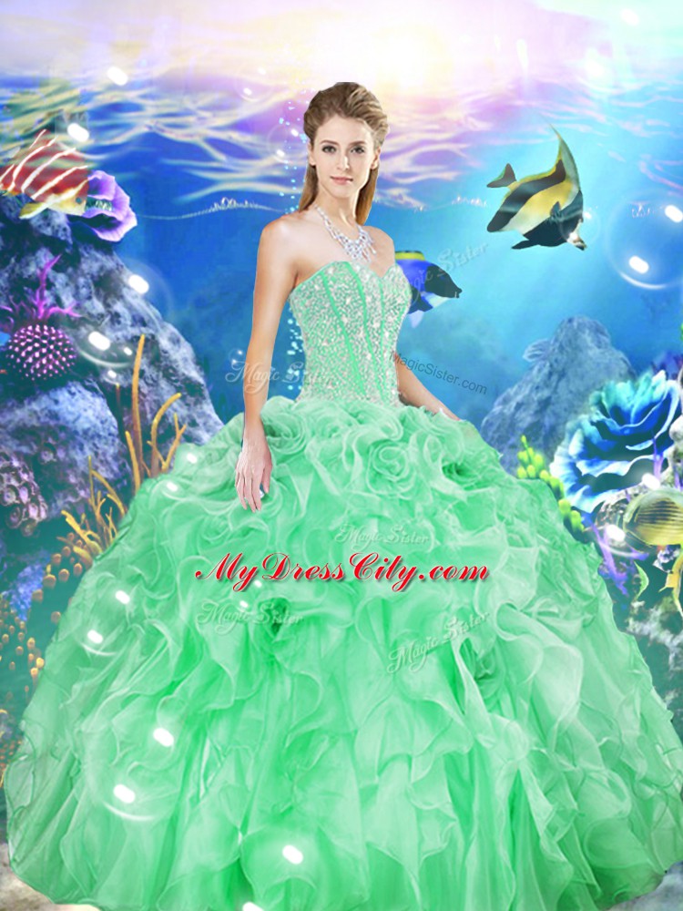 Romantic Apple Green Lace Up Sweetheart Beading and Ruffles Sweet 16 Dress Organza Sleeveless