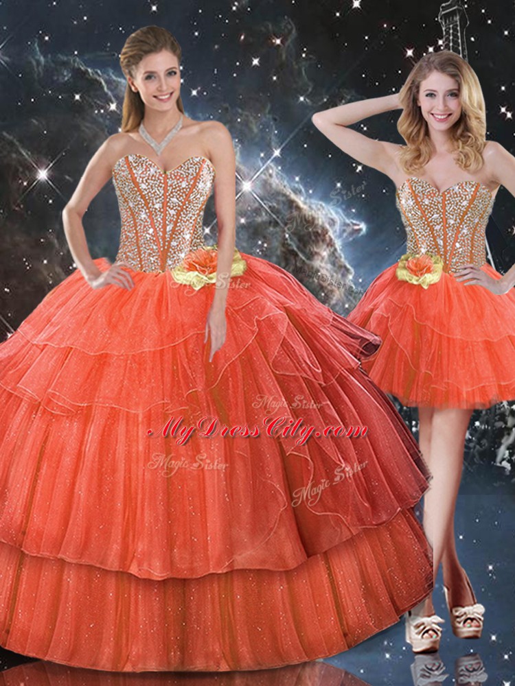 Customized Rust Red Sleeveless Ruffled Layers and Sequins Floor Length 15 Quinceanera Dress