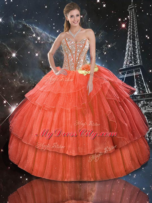 Customized Rust Red Sleeveless Ruffled Layers and Sequins Floor Length 15 Quinceanera Dress