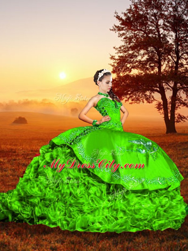 Wonderful Green Organza Lace Up Sweet 16 Quinceanera Dress Sleeveless Brush Train Embroidery and Ruffles