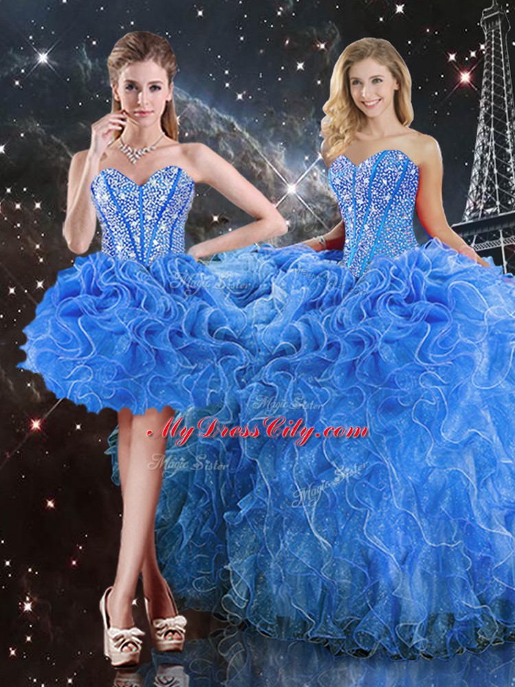 Custom Designed Baby Blue Lace Up Quinceanera Dresses Beading and Ruffles Sleeveless Floor Length