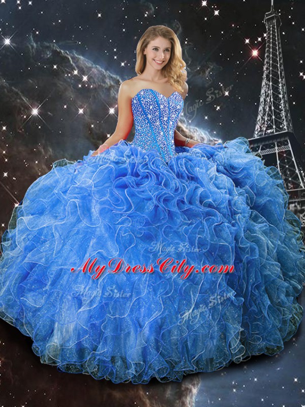 Custom Designed Baby Blue Lace Up Quinceanera Dresses Beading and Ruffles Sleeveless Floor Length