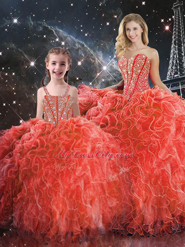 Coral Red Ball Gowns Beading and Ruffles Quinceanera Dresses Lace Up Organza Sleeveless Floor Length