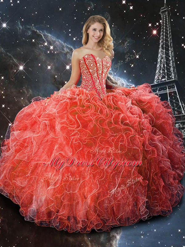 Coral Red Ball Gowns Beading and Ruffles Quinceanera Dresses Lace Up Organza Sleeveless Floor Length