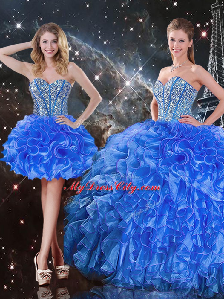 Royal Blue Sleeveless Floor Length Beading and Ruffles Lace Up Sweet 16 Quinceanera Dress