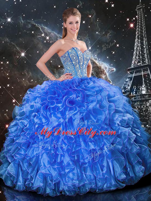 Royal Blue Sleeveless Floor Length Beading and Ruffles Lace Up Sweet 16 Quinceanera Dress