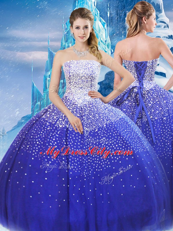 Delicate Blue Tulle Lace Up Strapless Sleeveless Floor Length Sweet 16 Quinceanera Dress Beading