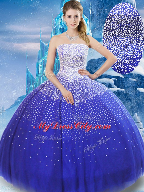 Delicate Blue Tulle Lace Up Strapless Sleeveless Floor Length Sweet 16 Quinceanera Dress Beading