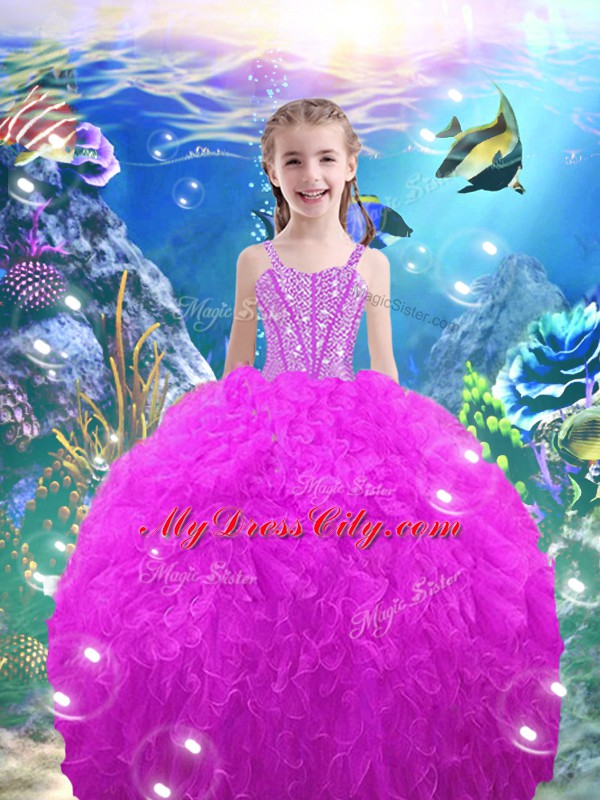 Best Fuchsia Straps Lace Up Beading and Ruffles Child Pageant Dress Sleeveless