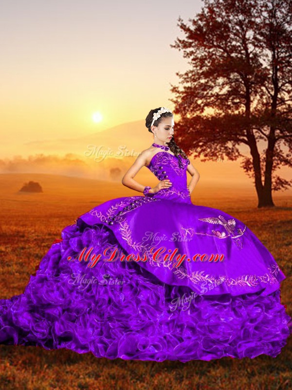 Fabulous Lavender Quinceanera Gown Military Ball and Sweet 16 and Quinceanera with Embroidery Sweetheart Sleeveless Brush Train Lace Up