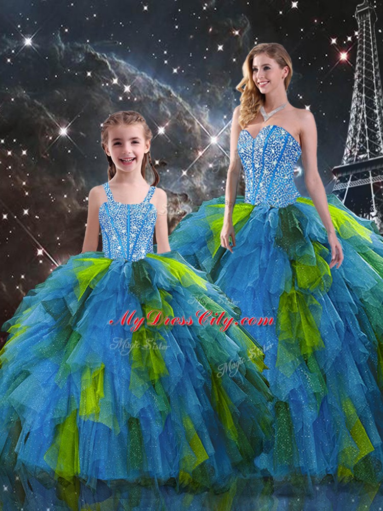 Glorious Floor Length Lace Up Quinceanera Gown Multi-color for Military Ball and Sweet 16 and Quinceanera with Beading and Ruffles