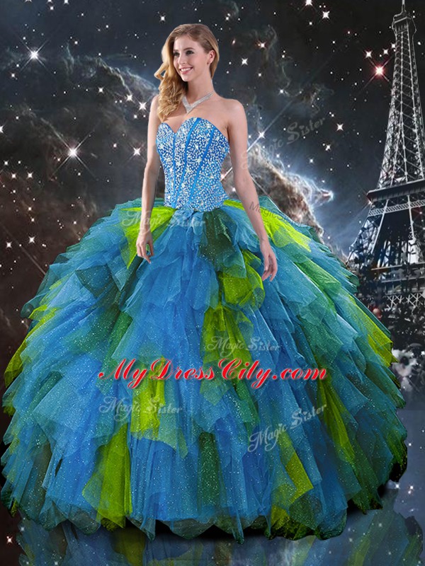 Glorious Floor Length Lace Up Quinceanera Gown Multi-color for Military Ball and Sweet 16 and Quinceanera with Beading and Ruffles