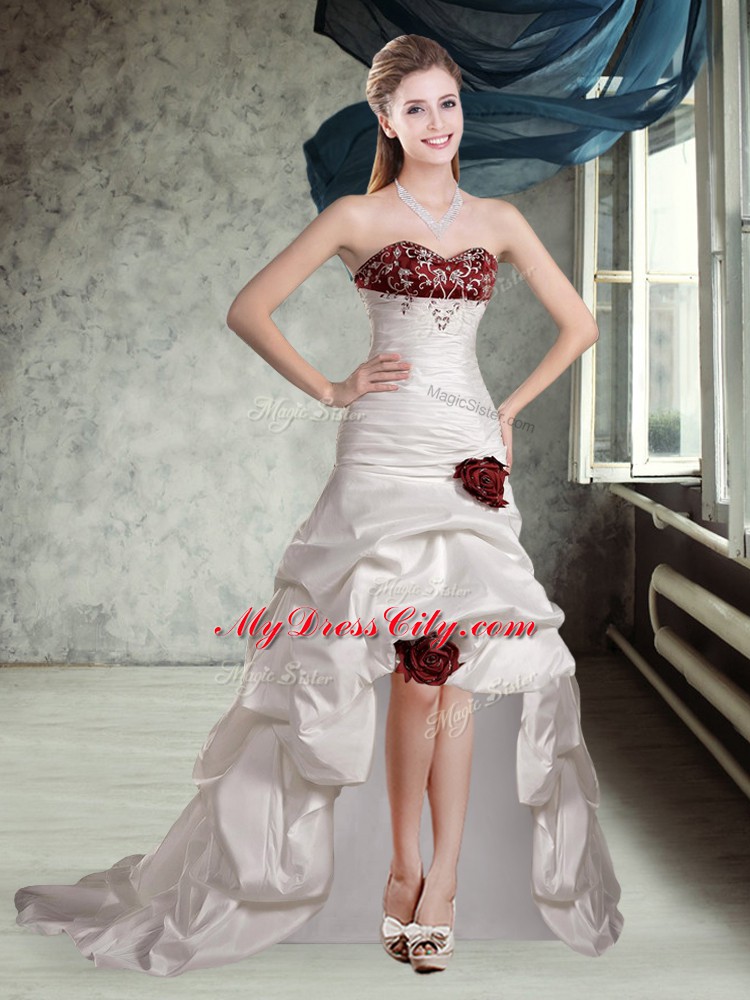 White And Red Sleeveless High Low Appliques and Pick Ups and Hand Made Flower Lace Up Bridal Gown