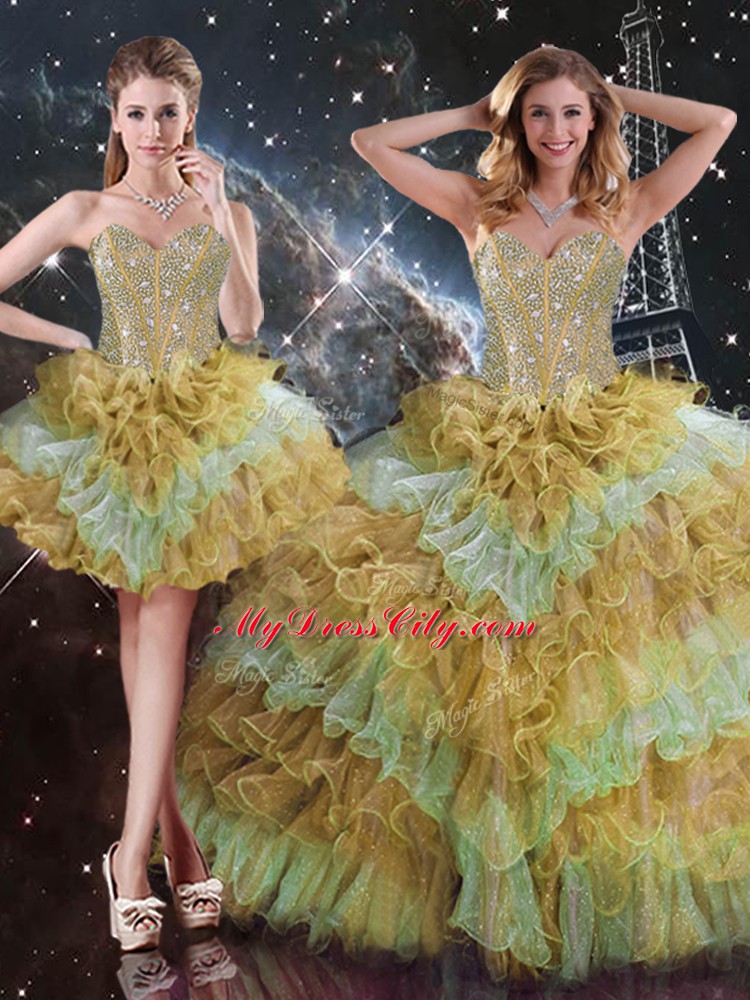 Floor Length Multi-color Sweet 16 Dresses Organza Sleeveless Beading and Ruffled Layers