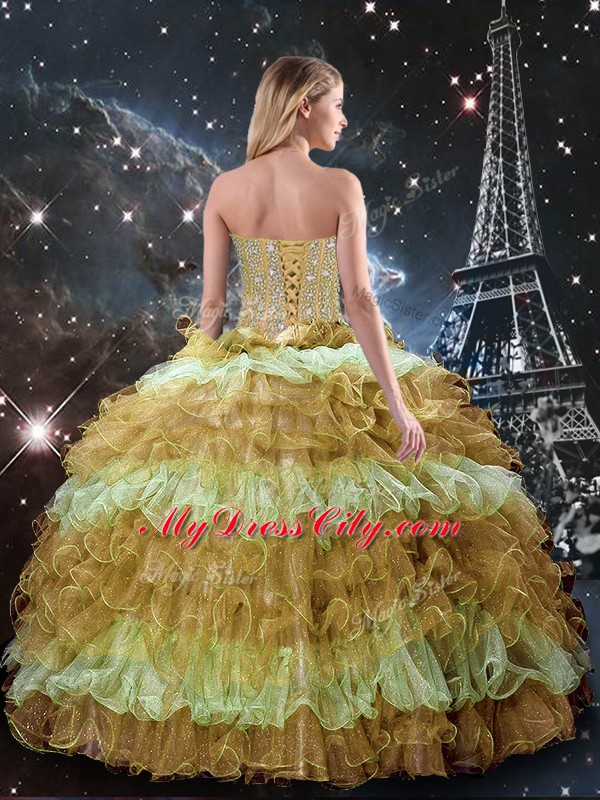 Floor Length Multi-color Sweet 16 Dresses Organza Sleeveless Beading and Ruffled Layers