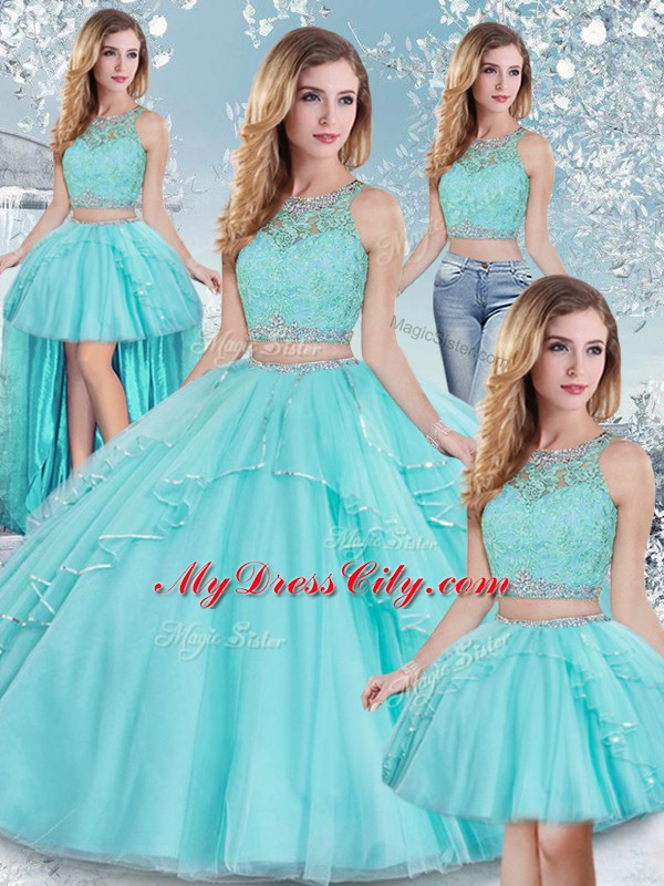 Great Aqua Blue Scoop Clasp Handle Lace and Sequins Sweet 16 Dresses Sleeveless