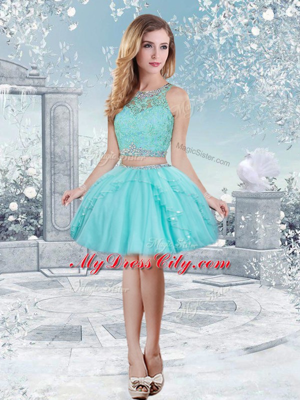 Great Aqua Blue Scoop Clasp Handle Lace and Sequins Sweet 16 Dresses Sleeveless