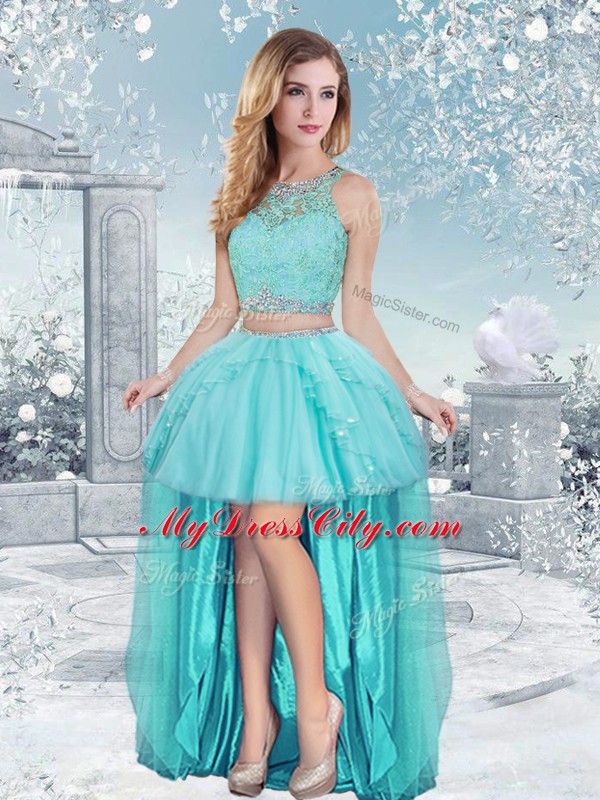 Great Aqua Blue Scoop Clasp Handle Lace and Sequins Sweet 16 Dresses Sleeveless