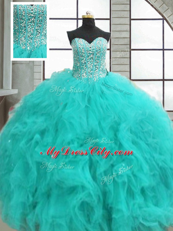 Clearance Turquoise Ball Gowns Sweetheart Sleeveless Organza Floor Length Lace Up Beading and Ruffles Quinceanera Gowns