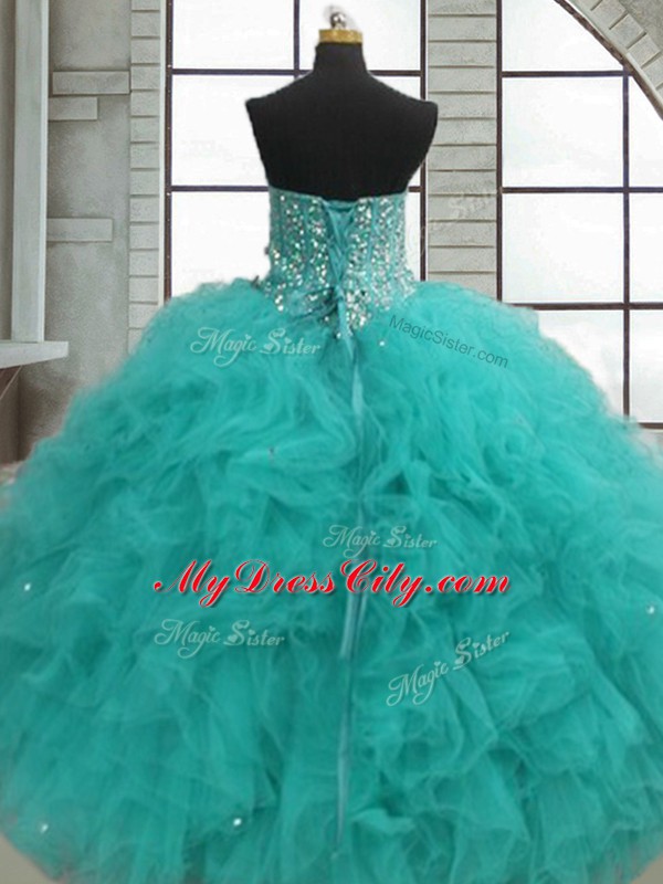 Clearance Turquoise Ball Gowns Sweetheart Sleeveless Organza Floor Length Lace Up Beading and Ruffles Quinceanera Gowns