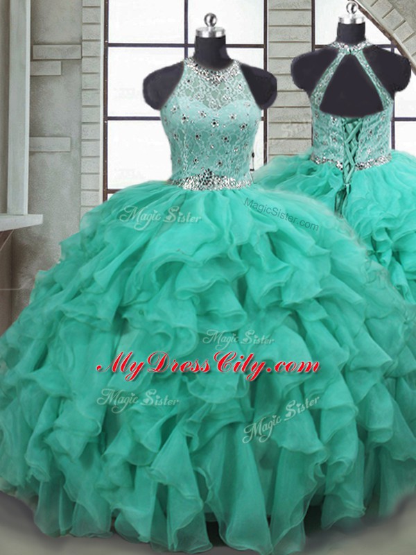 Turquoise Quinceanera Dress Organza Brush Train Sleeveless Beading and Ruffles