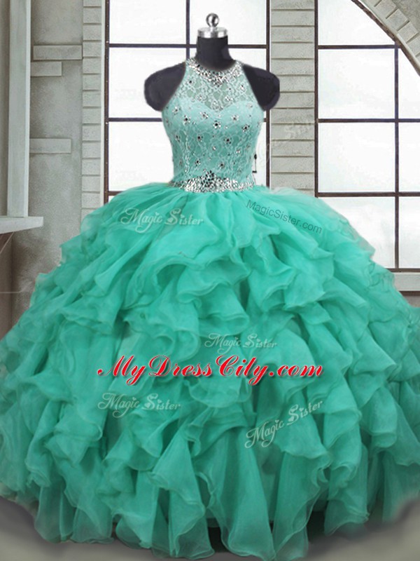 Turquoise Quinceanera Dress Organza Brush Train Sleeveless Beading and Ruffles