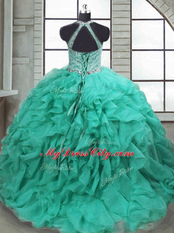 Turquoise Quinceanera Dress Organza Brush Train Sleeveless Beading and Ruffles